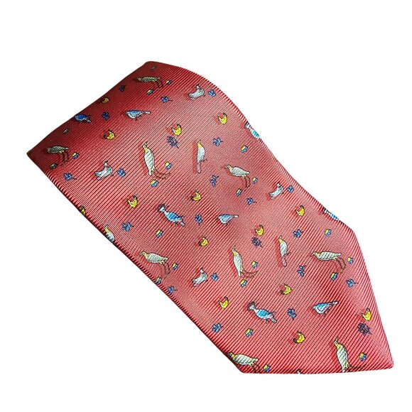 Leonard Paris Red Silk Tie With Colorful Bird Pattern OS Luxury Old Money Office - Picture 1 of 7